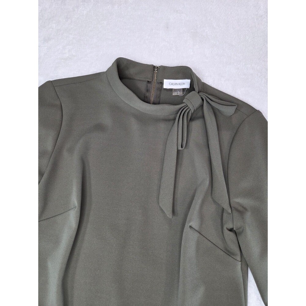 Calvin Klein Dress Sz 8 Olive Green Mock Neck Bow Long Sleeve Sheath Career Mini